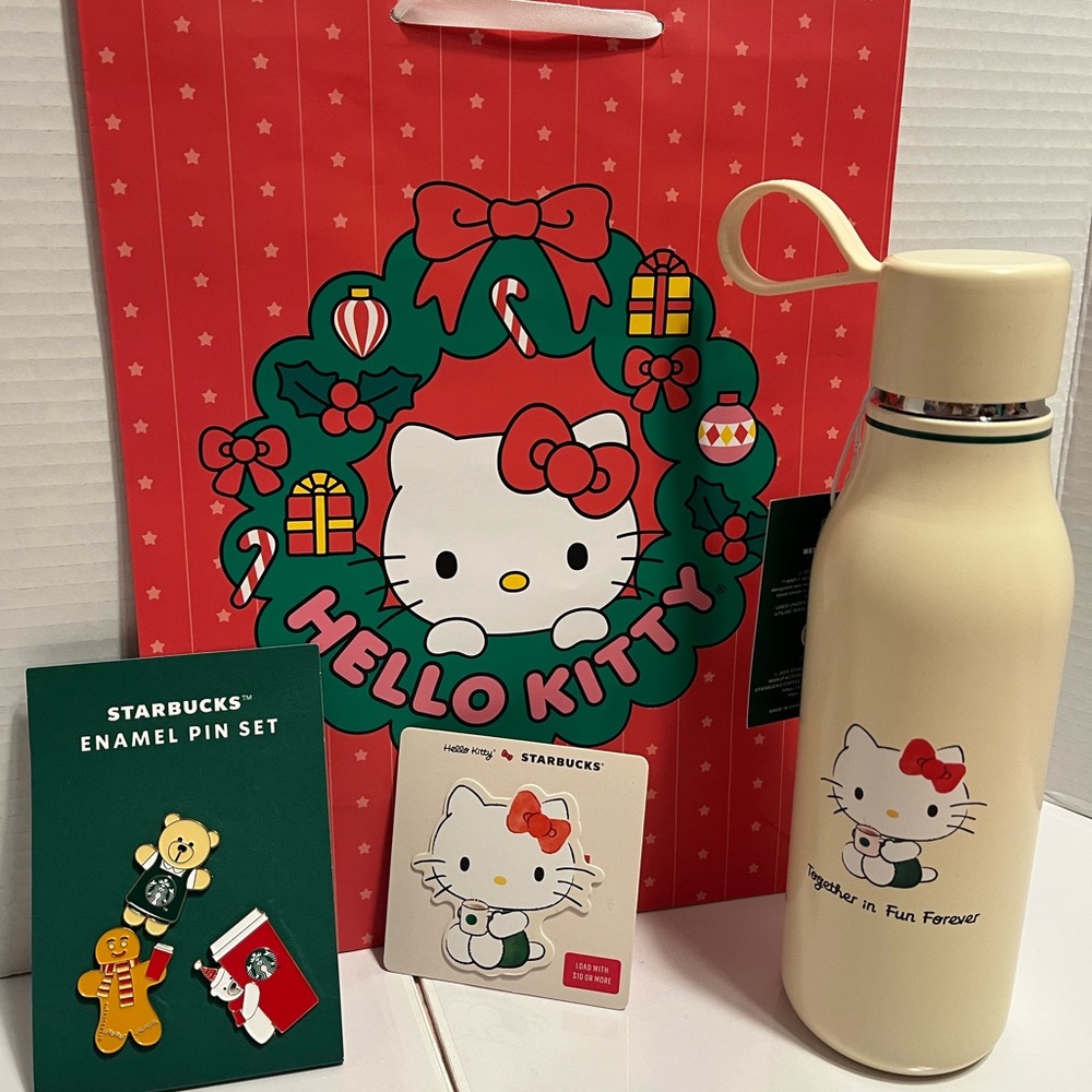 Starbucks Hello Kitty Cream Bottle w/$10 reloadable gift card & enamel pin set